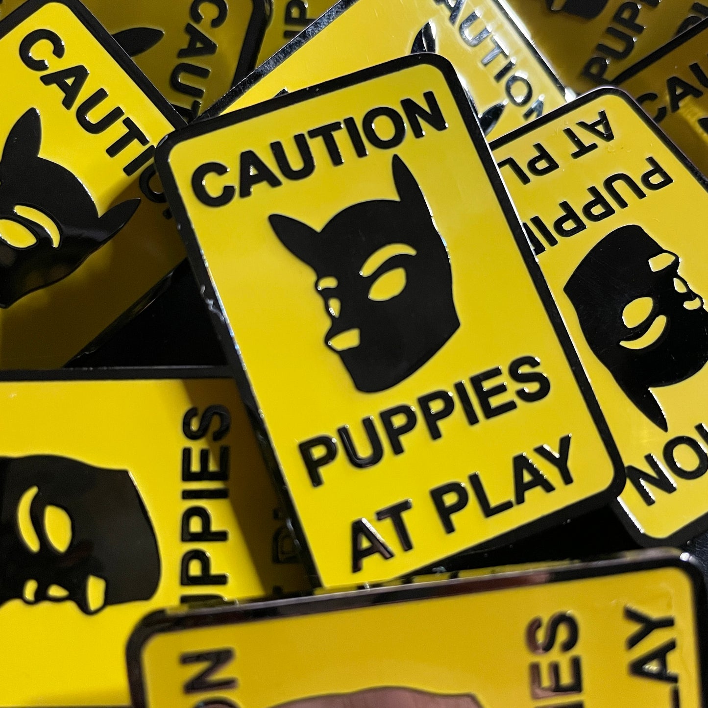 Caution Puppies At Play Hard Enamel Pin