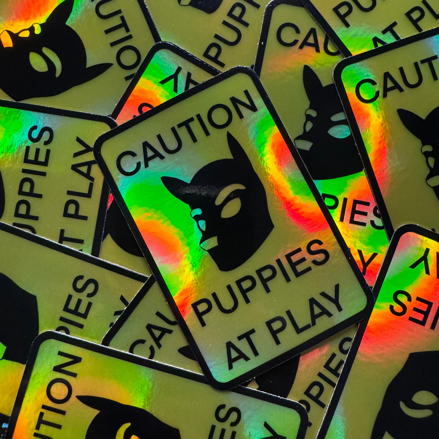 Caution Puppies at Play Holographic Sticker